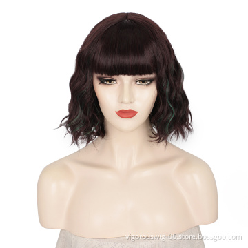 Highlight Color Bob Wavy Curly Wig Synthetic Short Wig with Bangs Natural Looking Heat Resistant Fiber Hair for Women